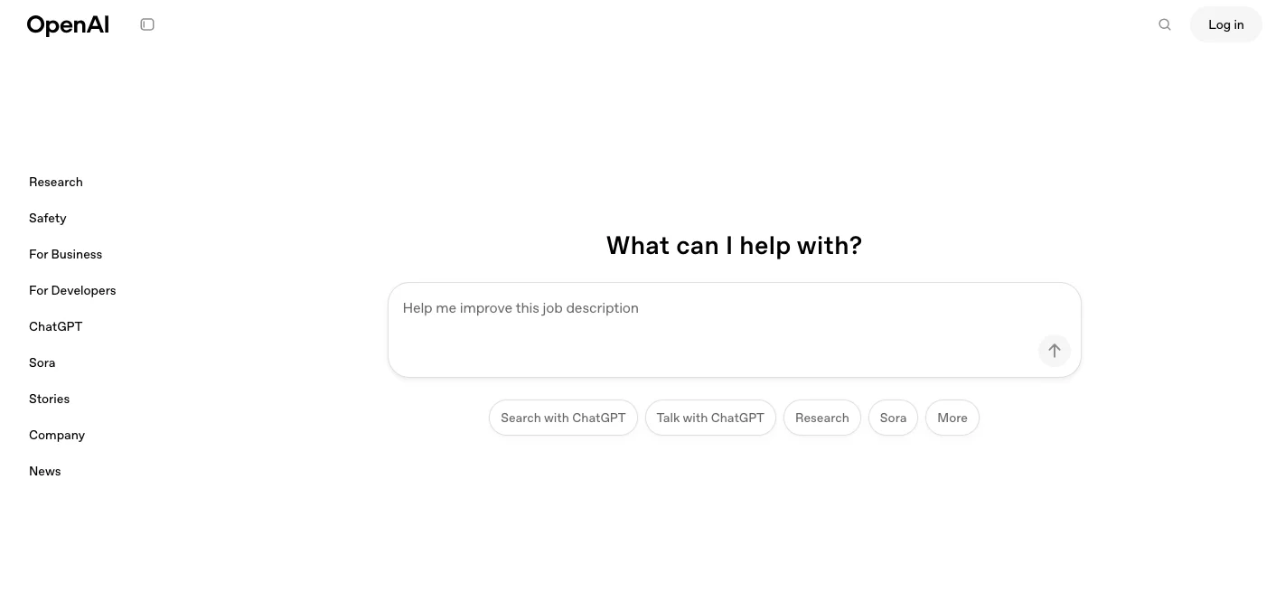 Image shows OpenAI homepage