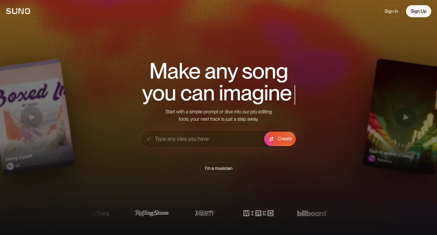 Image shows Suno homepage