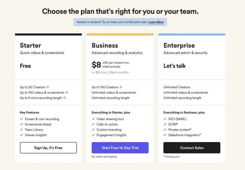 Loom pricing page