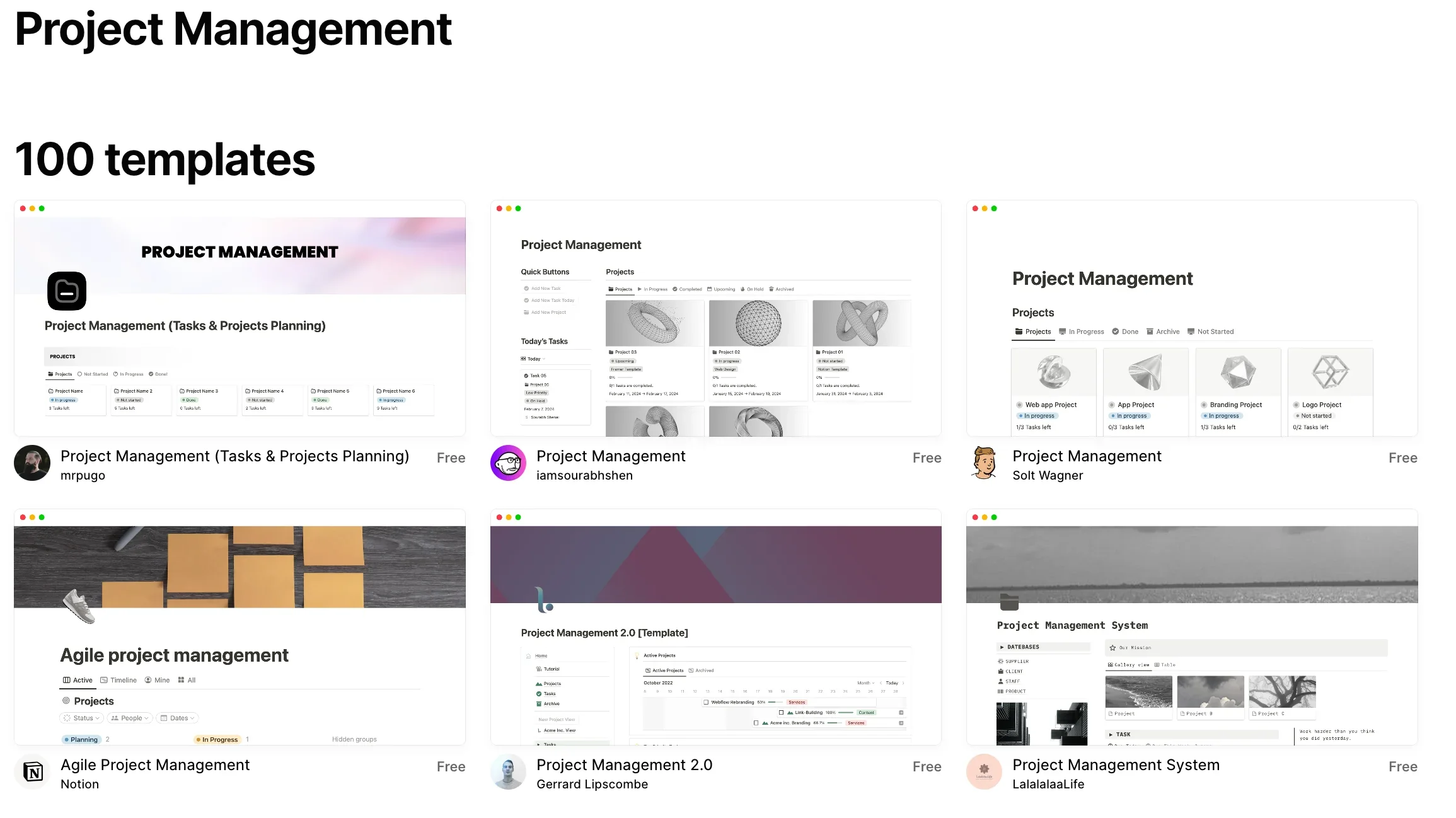 Notion Project Management template page