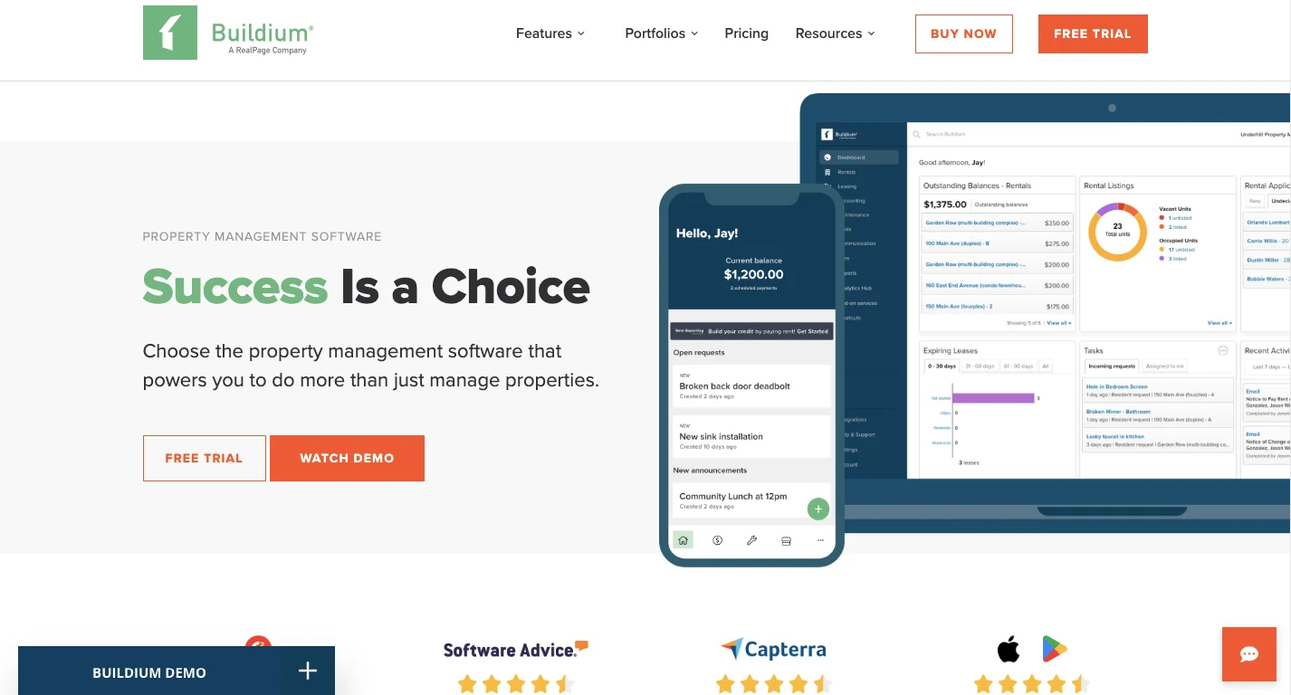 Homepage layout of Bildium