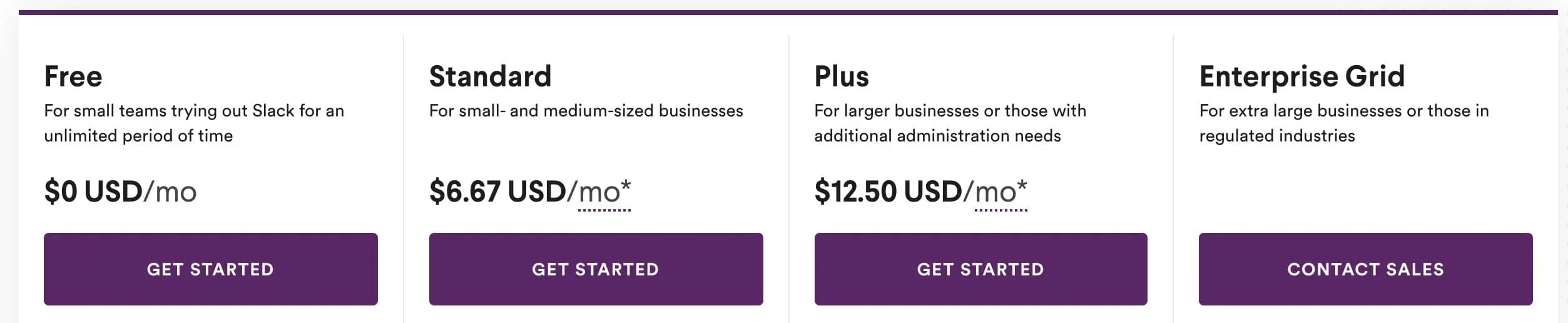 Slack has a description of each plan designed to target users that will resonate with each plan