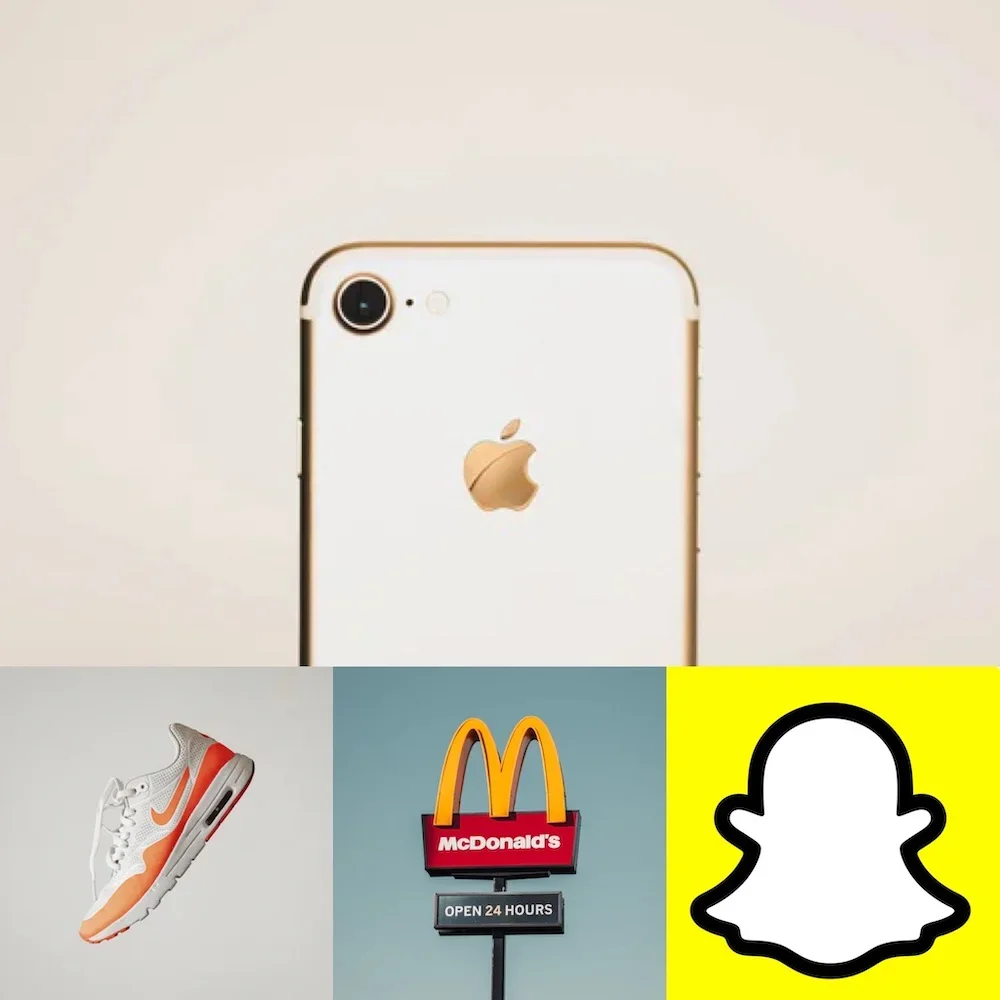 Apple's iPhone with iconic apple shaped logo, Nike shoe with swoosh, McDonald's golden arches sign, Snapchat's pale ghost logo