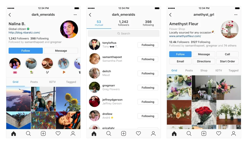 Instagram screenshots showing the its UI